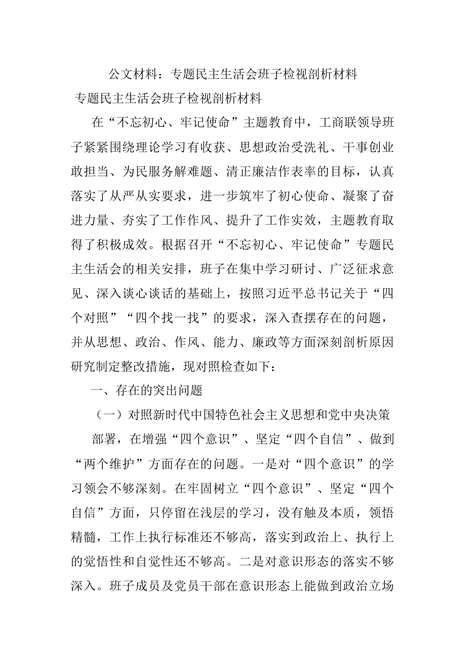 公文材料：专题民主生活会班子检视剖析材料.docx_第1页