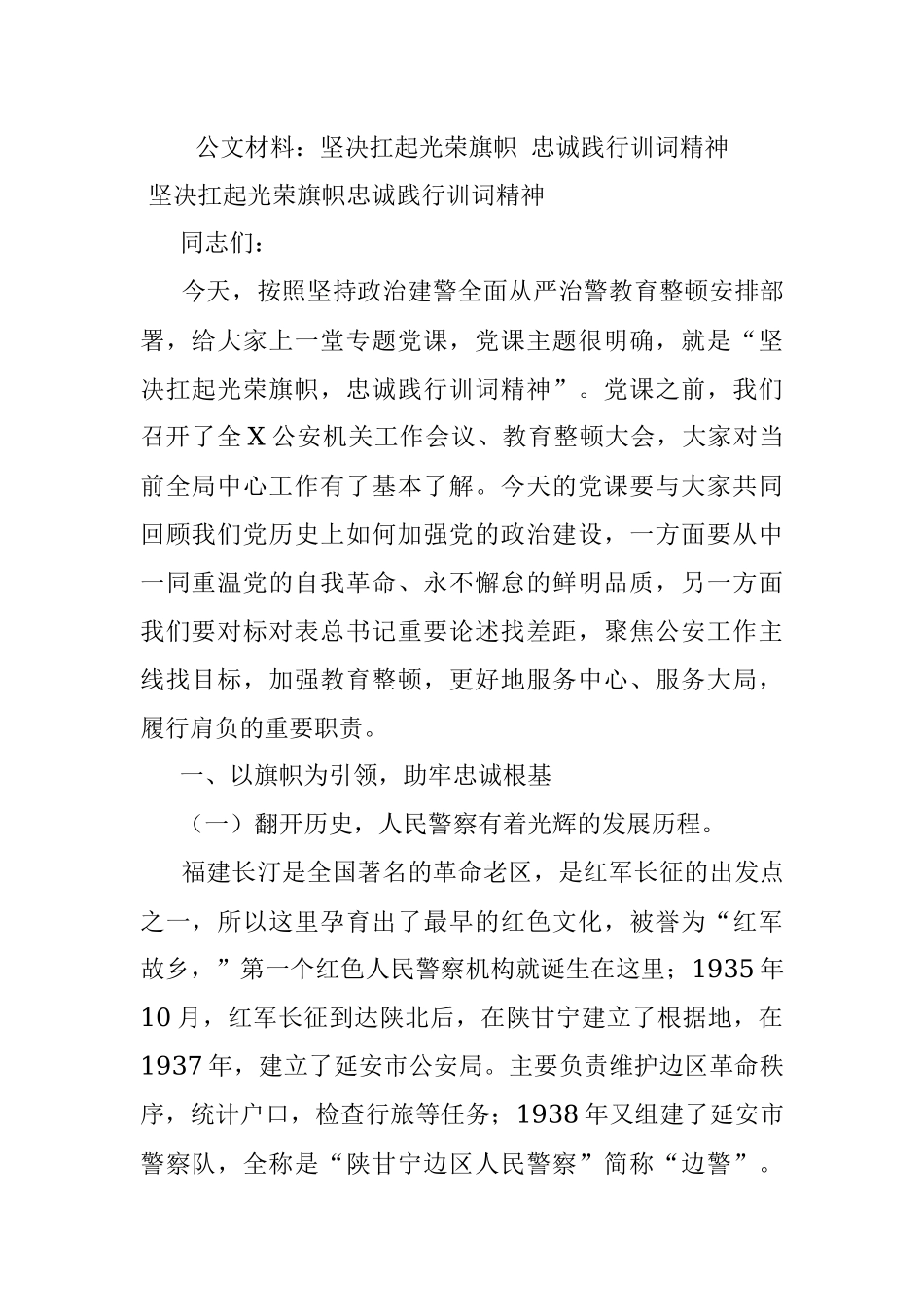 公文材料：坚决扛起光荣旗帜 忠诚践行训词精神.docx_第1页