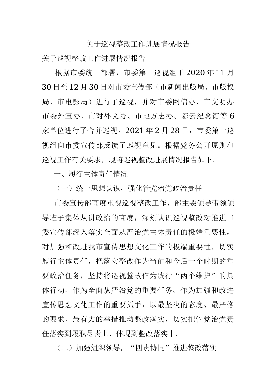 关于巡视整改工作进展情况报告.docx_第1页