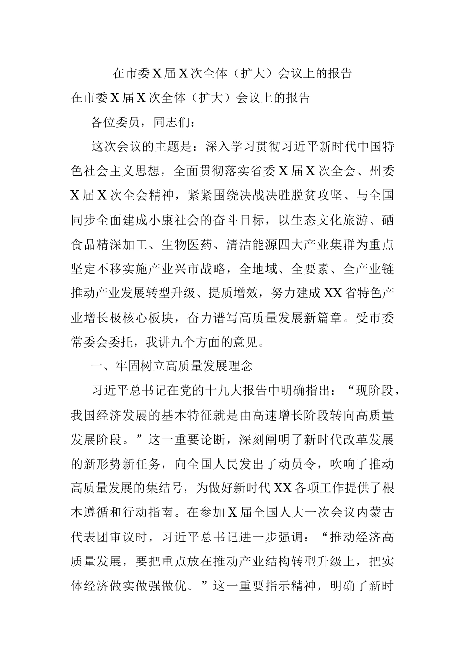 在市委X届X次全体（扩大）会议上的报告.docx_第1页
