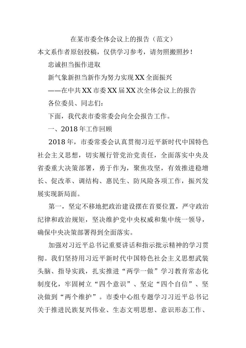 在某市委全体会议上的报告（范文）.docx_第1页