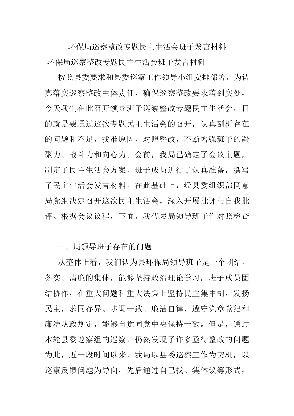 环保局巡察整改专题民主生活会班子发言材料.docx_第1页