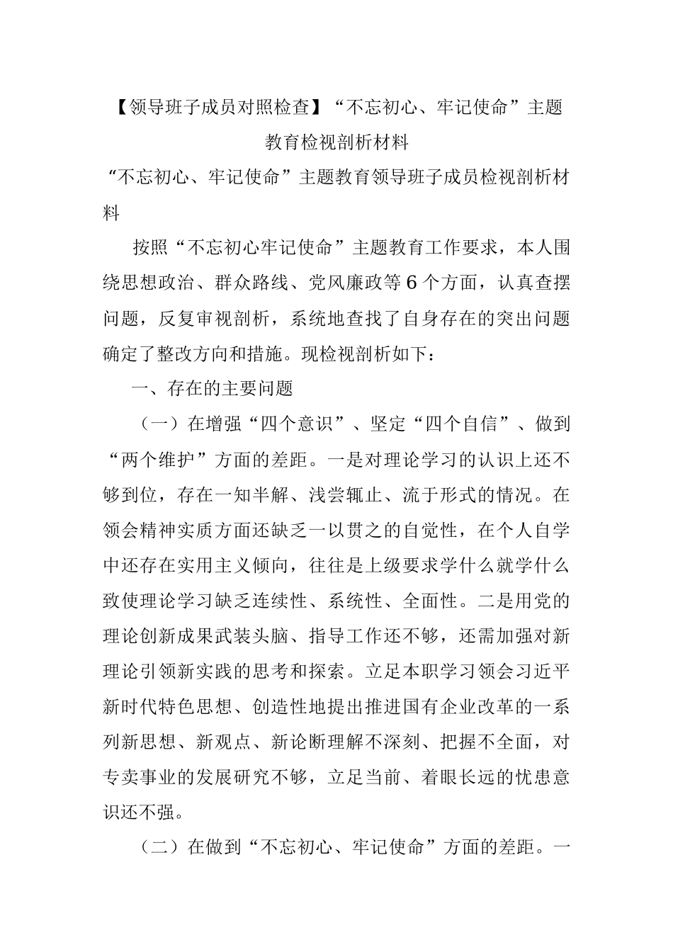 【领导班子成员对照检查】“不忘初心、牢记使命”主题教育检视剖析材料.docx_第1页