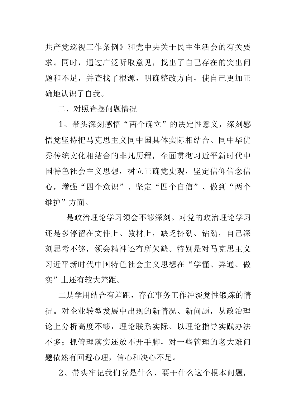 公司领导2021年党史学习教育专题民主生活会对照检查材料.docx_第2页