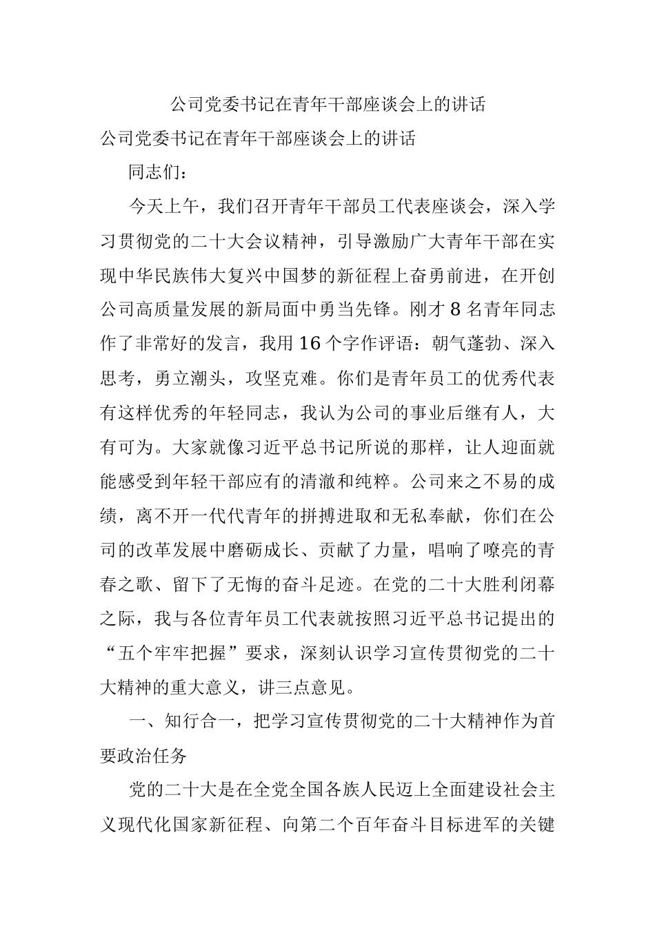 公司党委书记在青年干部座谈会上的讲话.docx_第1页
