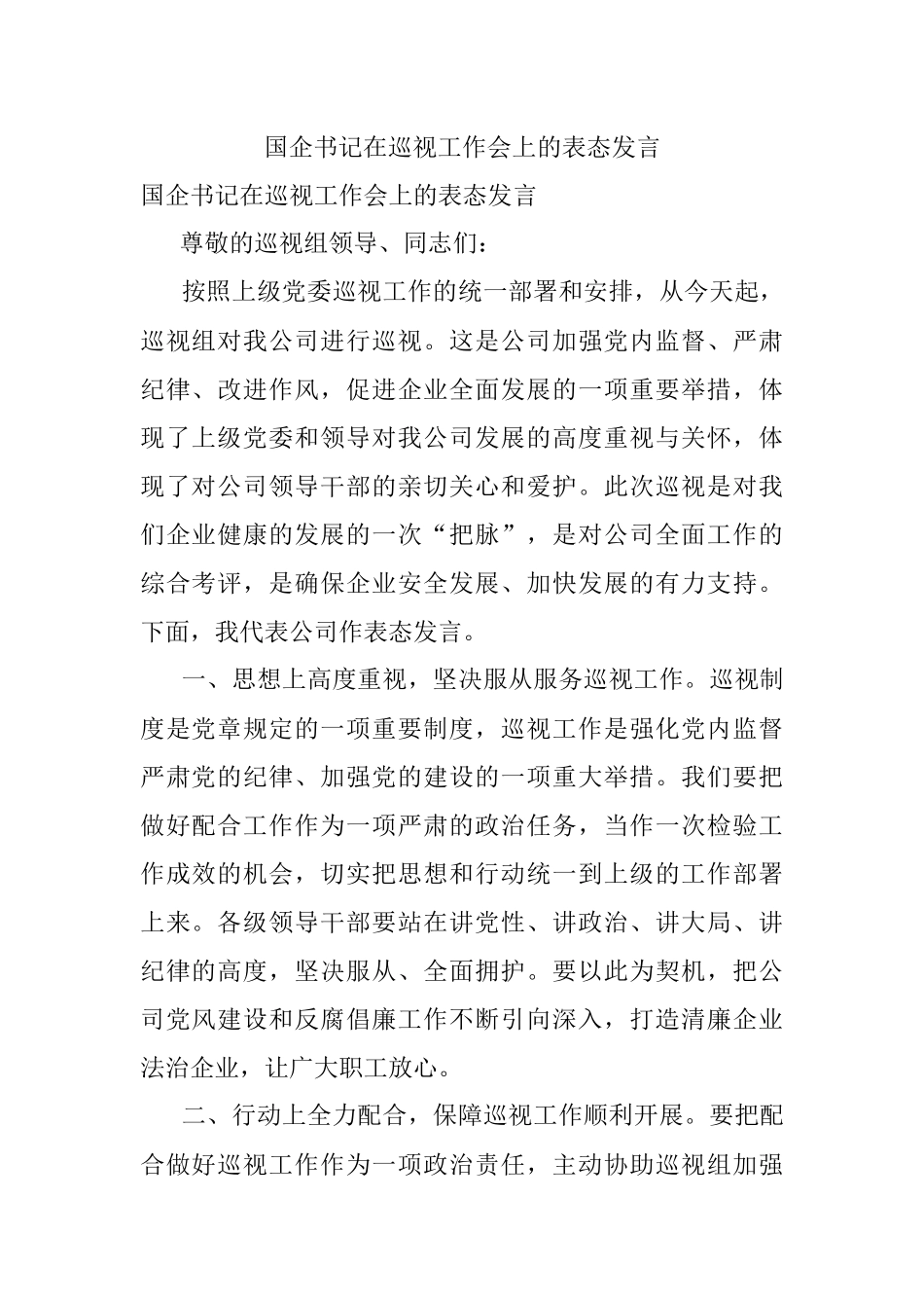 国企书记在巡视工作会上的表态发言_1.docx_第1页
