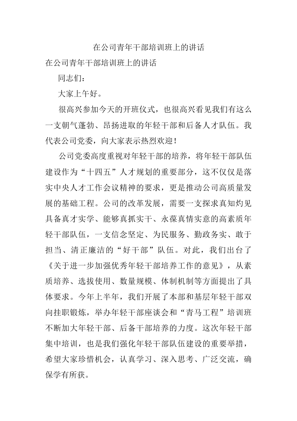 在公司青年干部培训班上的讲话.docx_第1页