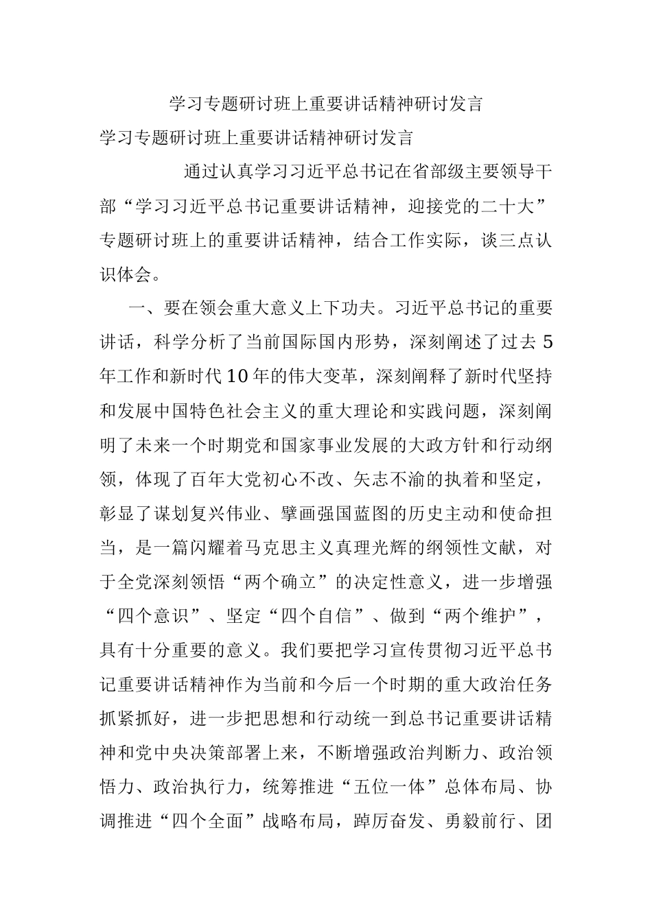 学习专题研讨班上重要讲话精神研讨发言.docx_第1页
