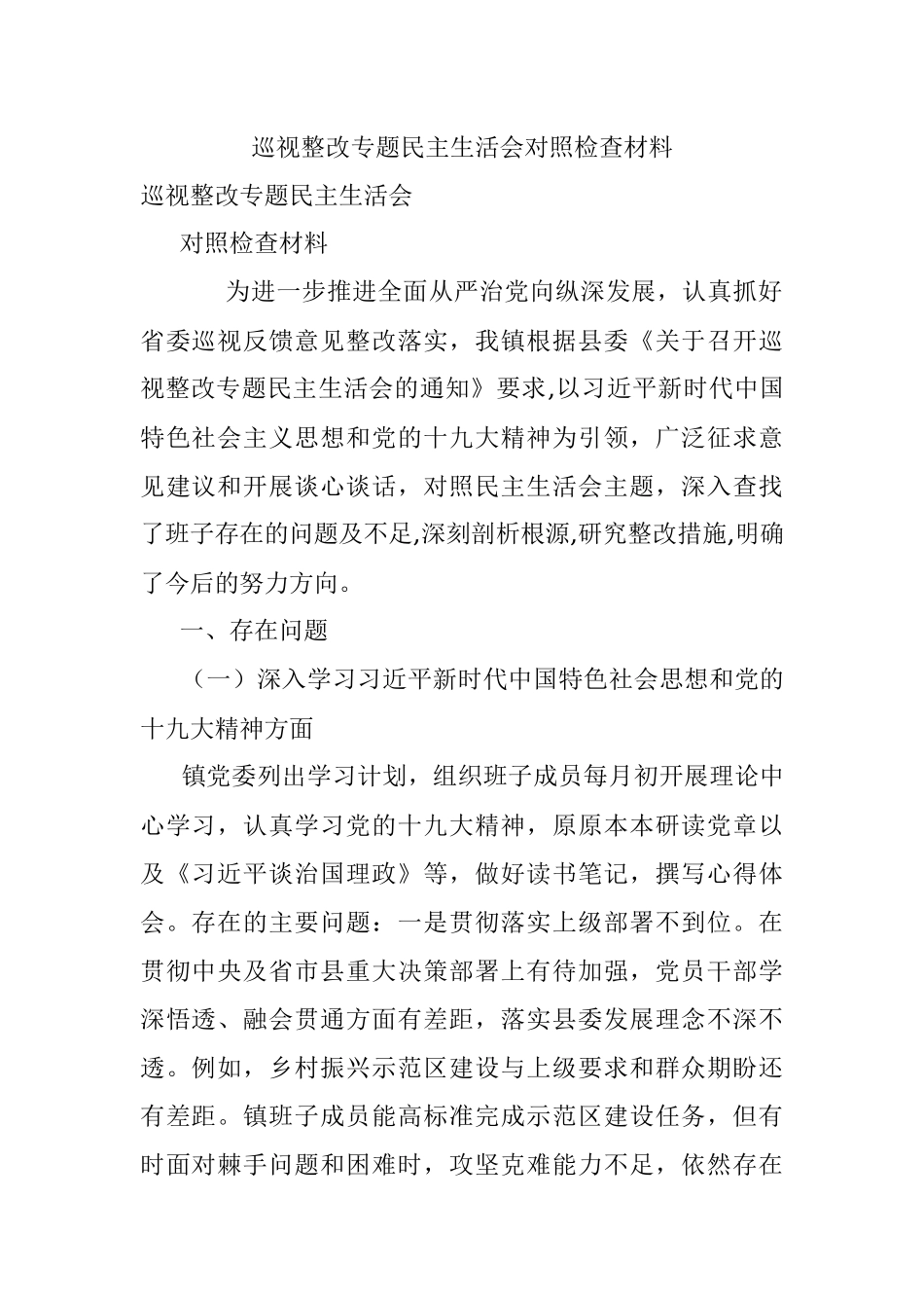 巡视整改专题民主生活会对照检查材料.docx_第1页
