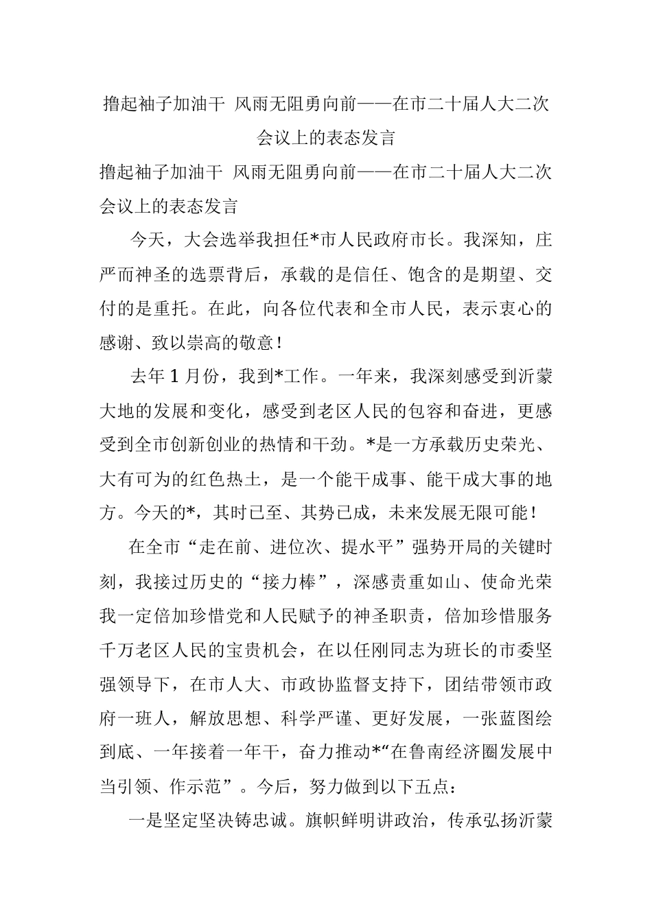 撸起袖子加油干 风雨无阻勇向前——在市二十届人大二次会议上的表态发言.docx_第1页