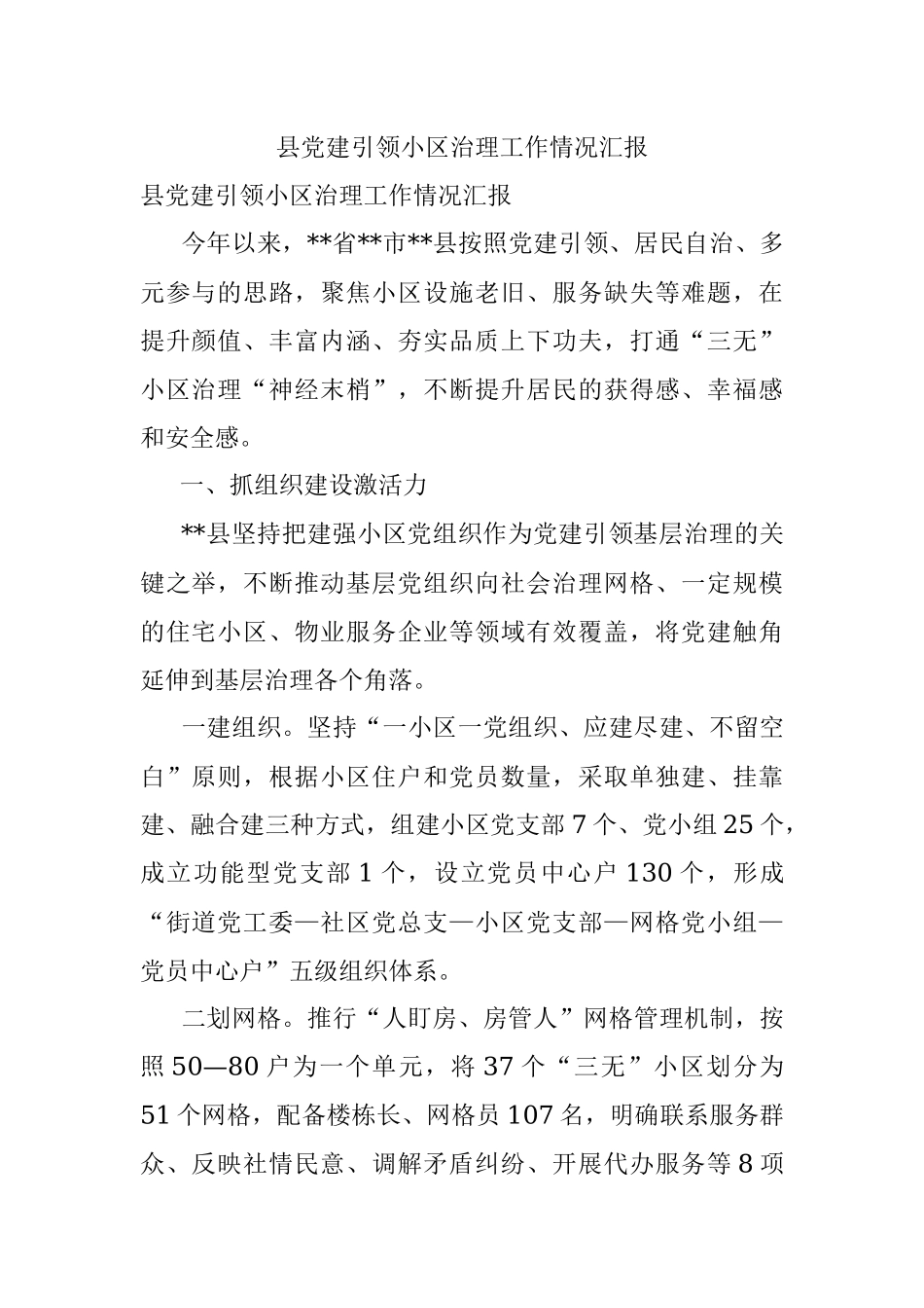 县党建引领小区治理工作情况汇报.docx_第1页