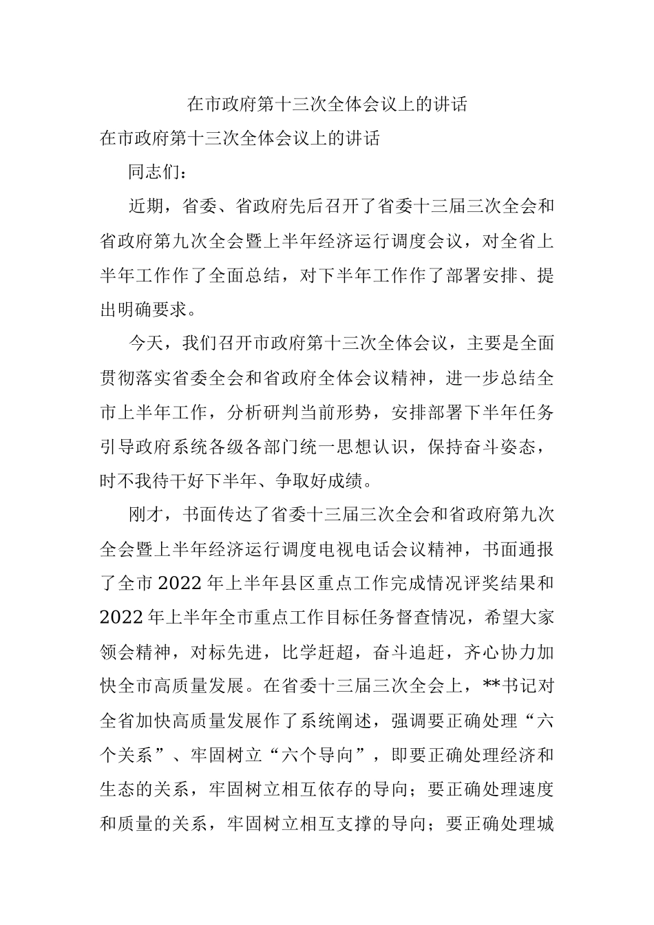 在市政府第十三次全体会议上的讲话.docx_第1页