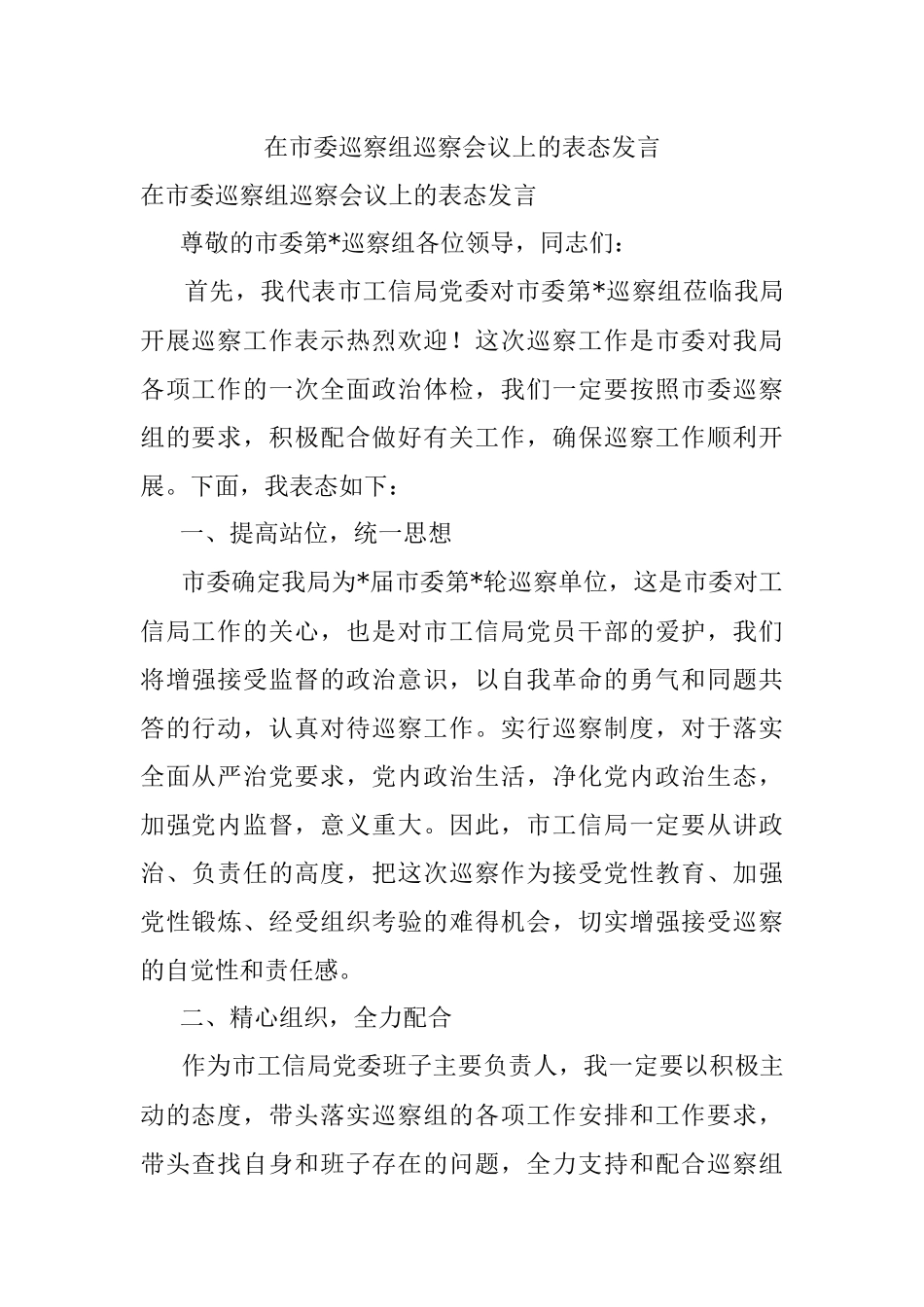 在市委巡察组巡察会议上的表态发言.docx_第1页