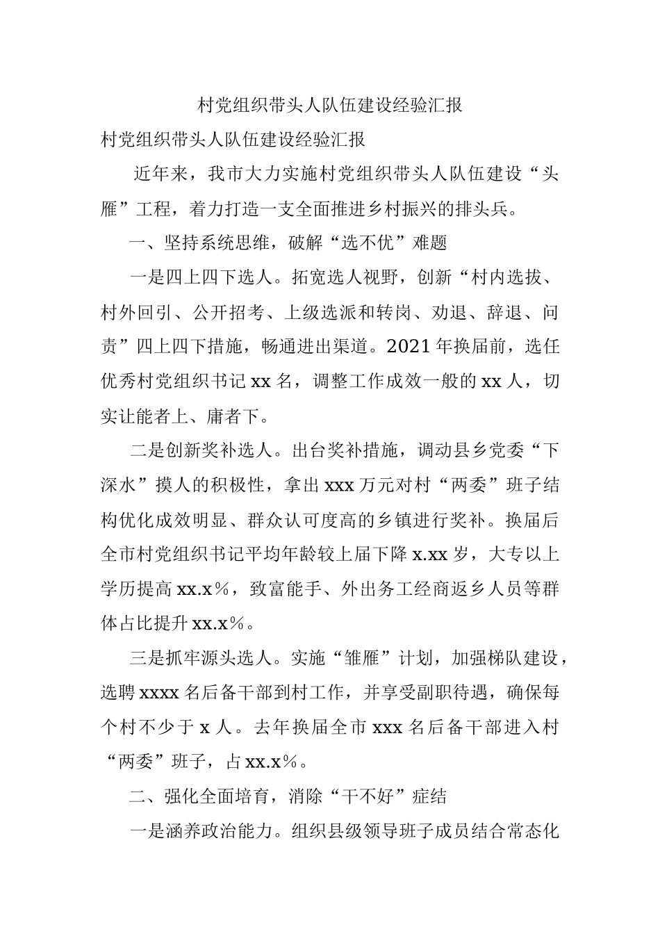 村党组织带头人队伍建设经验汇报.docx_第1页