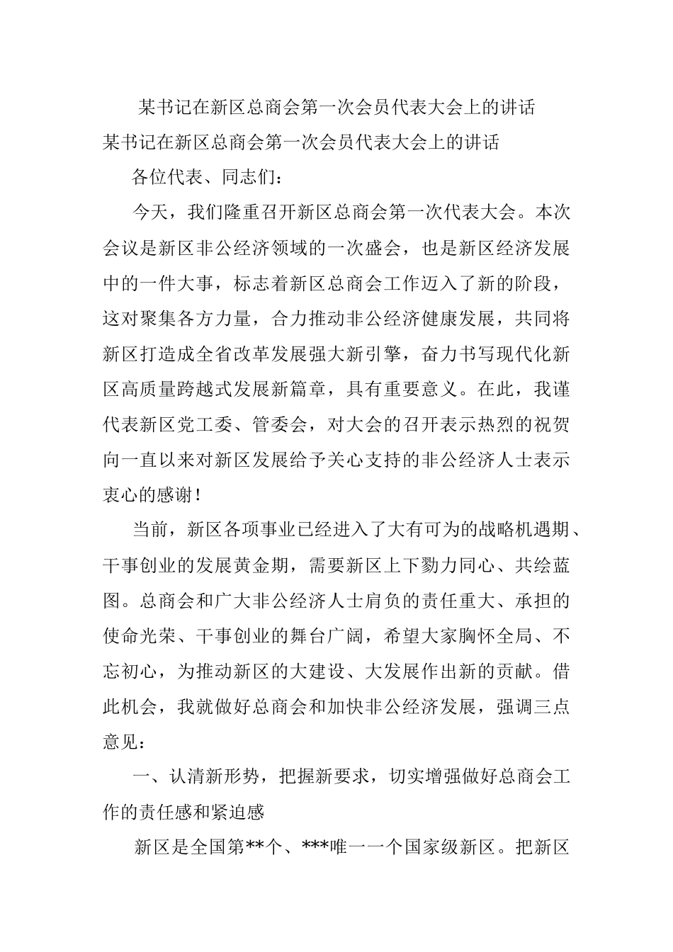 某书记在新区总商会第一次会员代表大会上的讲话.docx_第1页