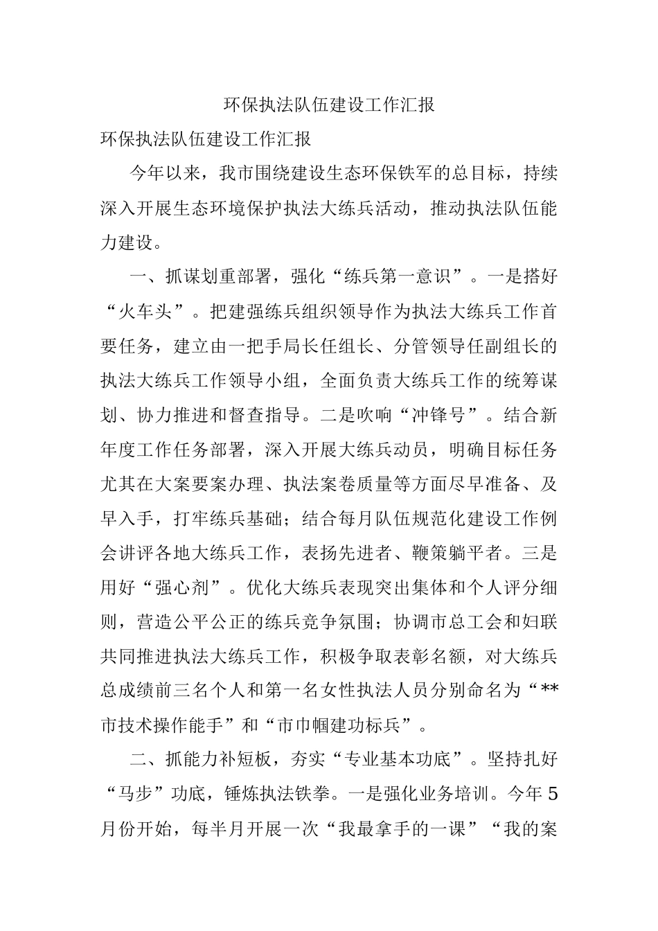 环保执法队伍建设工作汇报.docx_第1页