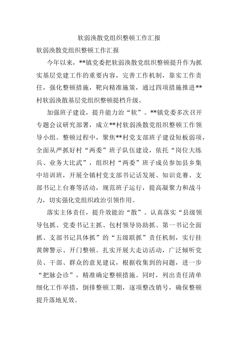 软弱涣散党组织整顿工作汇报.docx_第1页