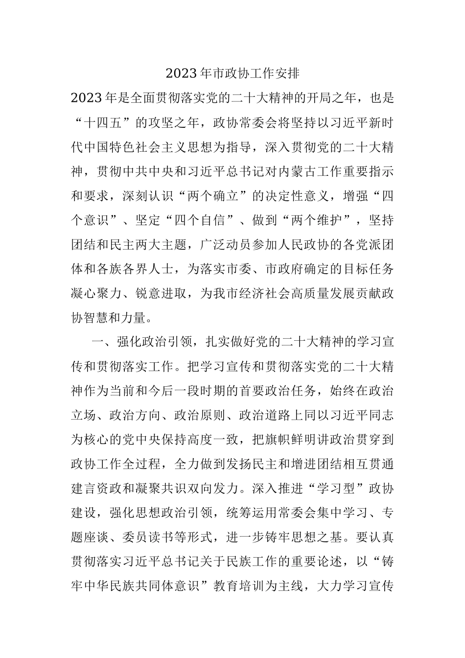 2023年市政协工作安排.docx_第1页