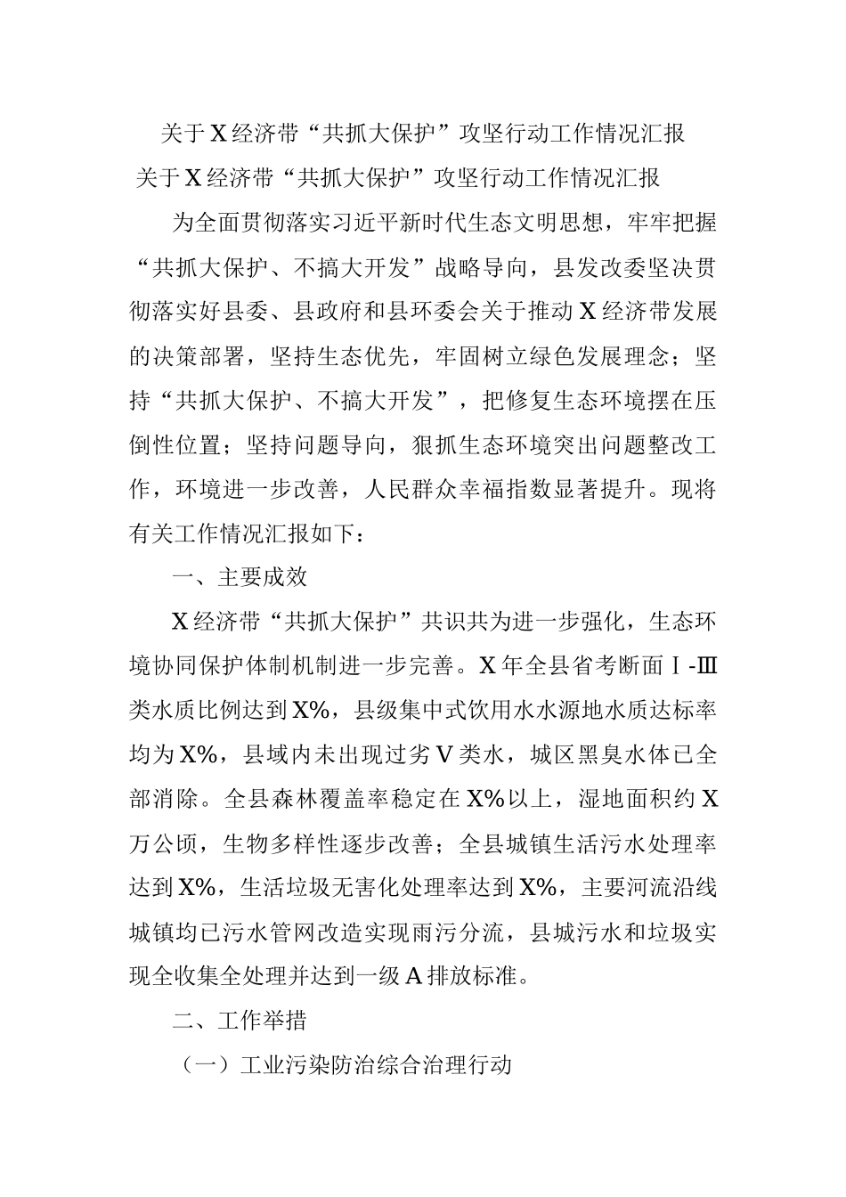 关于X经济带“共抓大保护”攻坚行动工作情况汇报.docx_第1页