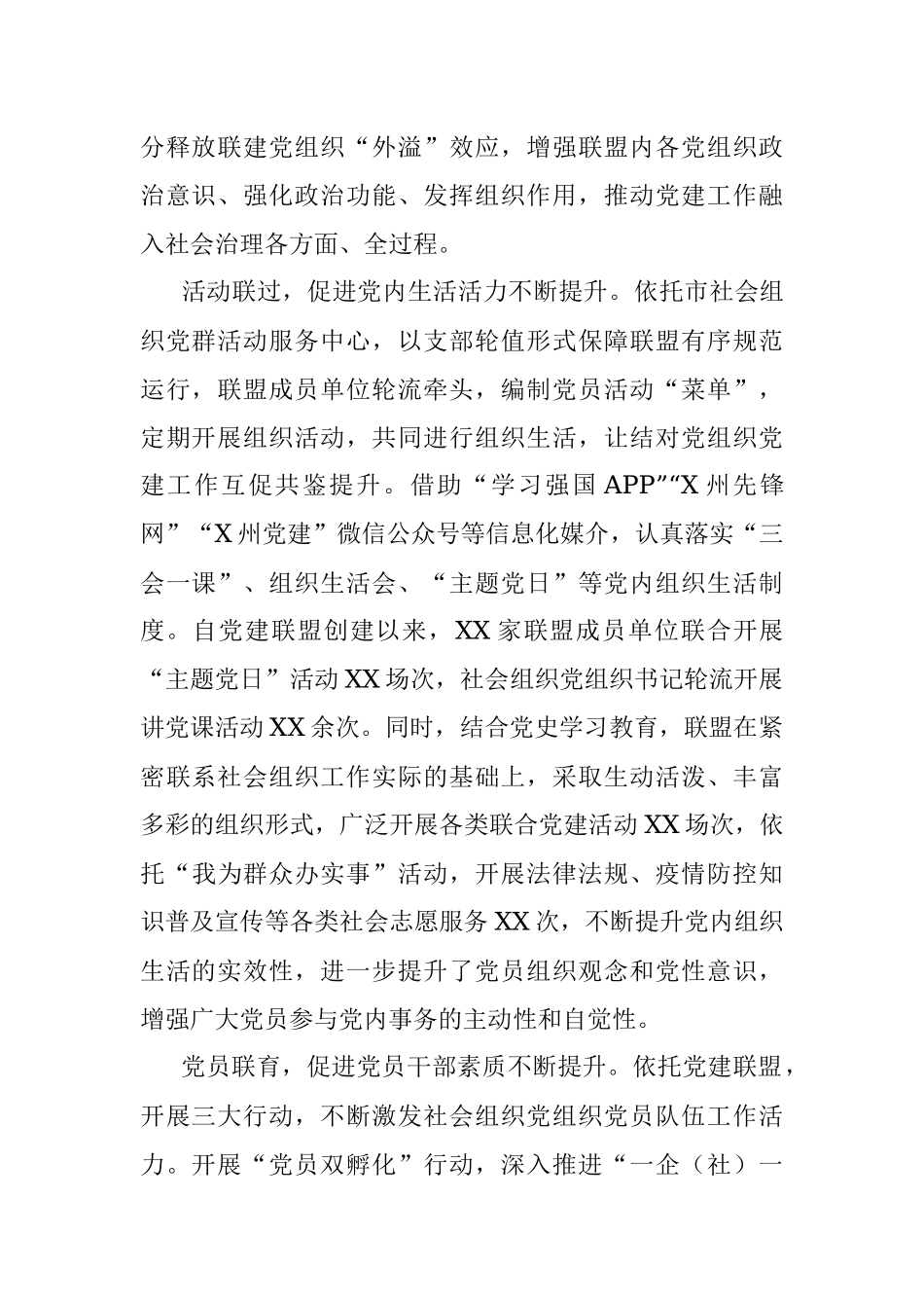 四联四促强引领 共建联盟齐发展——X市构建社会组织党建联盟工作汇报.docx_第2页