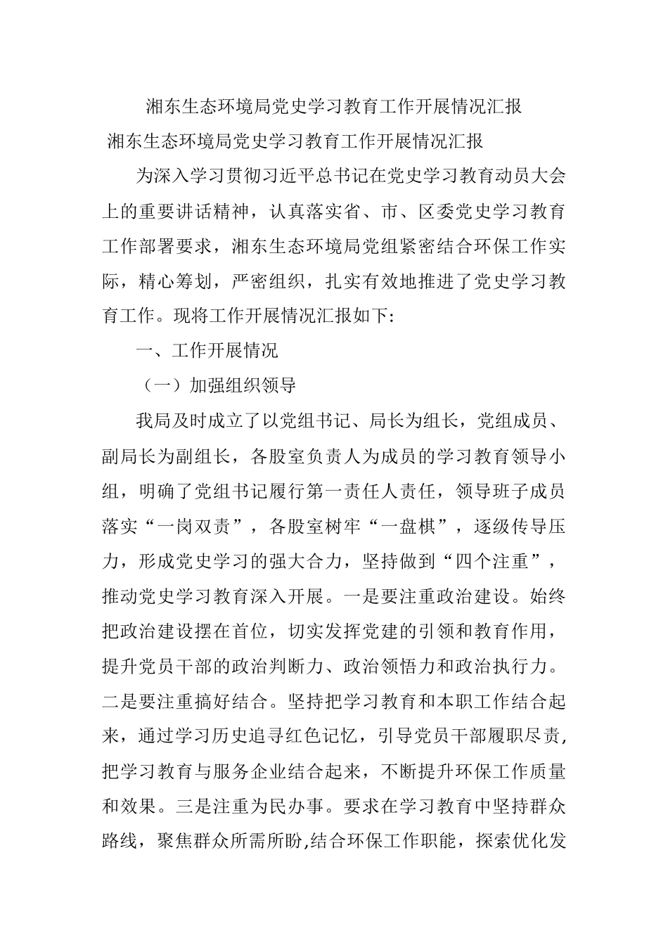 湘东生态环境局党史学习教育工作开展情况汇报.docx_第1页