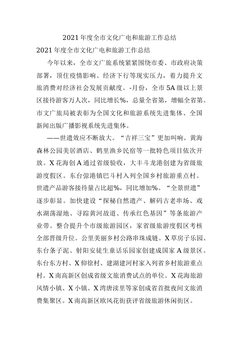 2021年度全市文化广电和旅游工作总结.docx_第1页