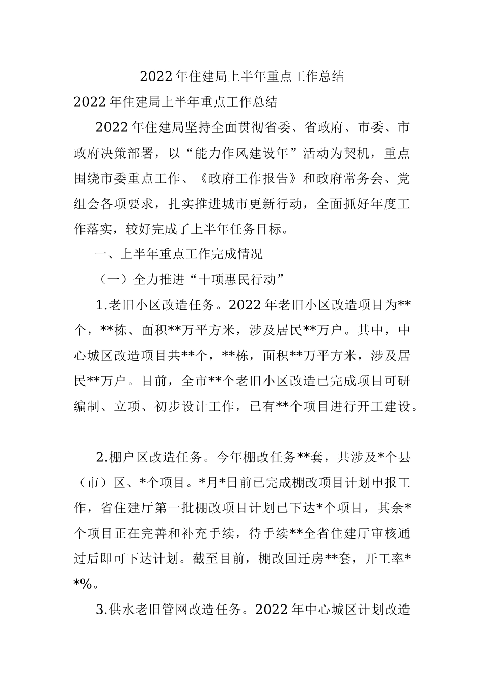 2022年住建局上半年重点工作总结.docx_第1页