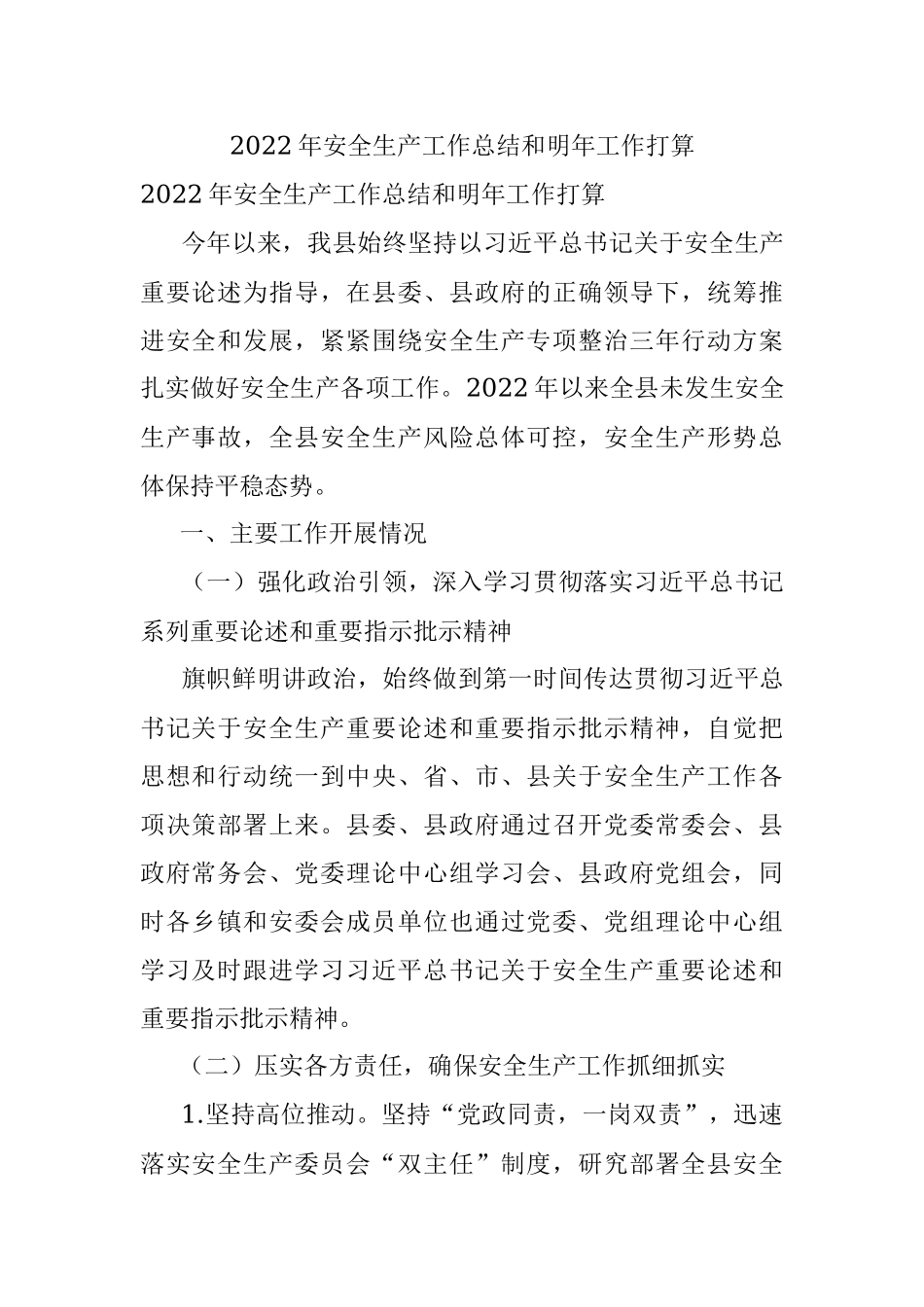 2022年安全生产工作总结和明年工作打算.docx_第1页