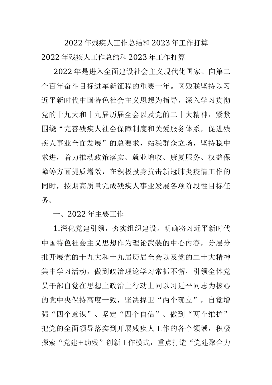 2022年残疾人工作总结和2023年工作打算.docx_第1页