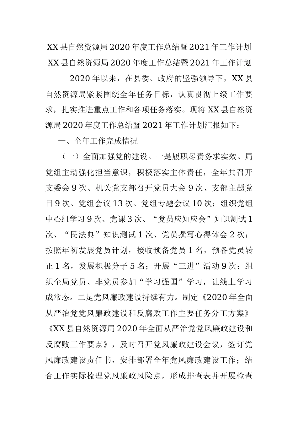 XX县自然资源局2020年度工作总结暨2021年工作计划.docx_第1页