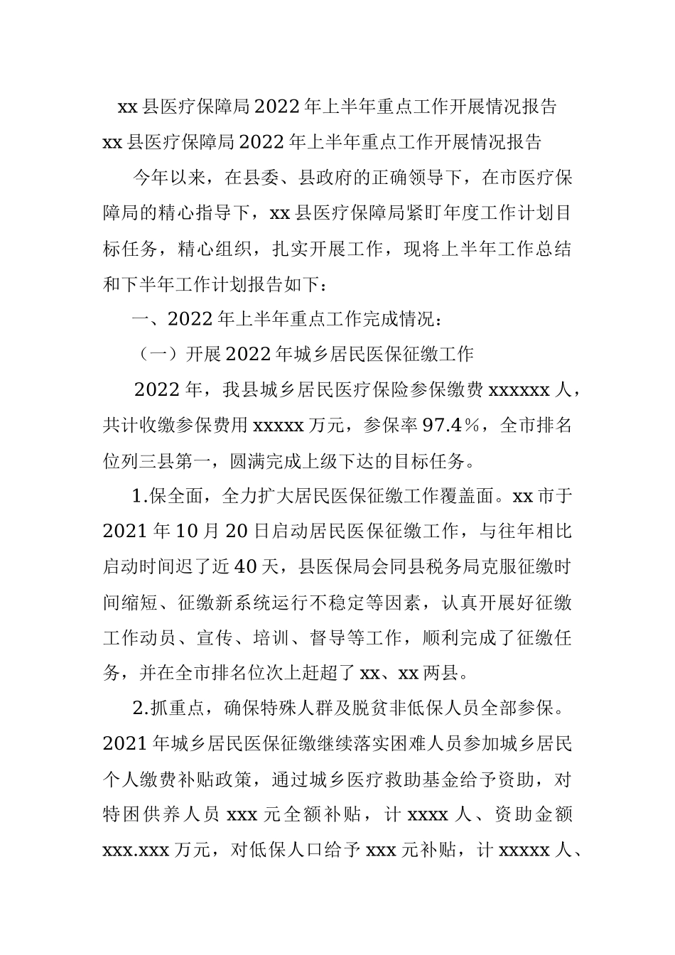 xx县医疗保障局2022年上半年重点工作开展情况报告.docx_第1页
