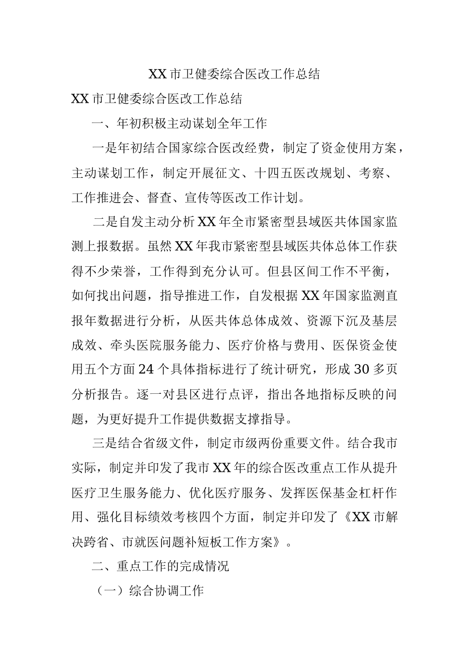 XX市卫健委综合医改工作总结.docx_第1页