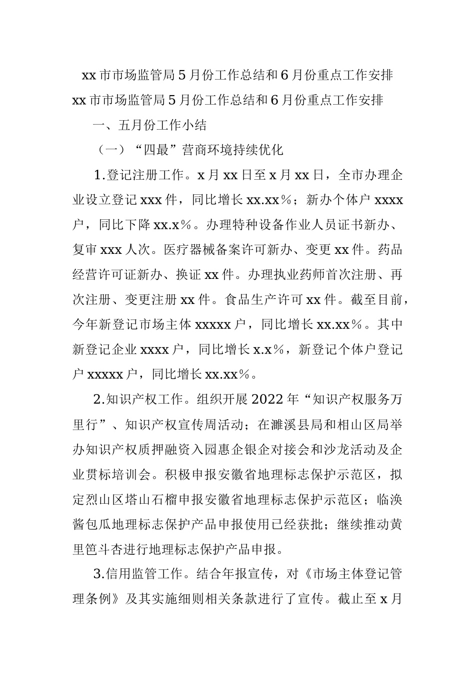 xx市市场监管局5月份工作总结和6月份重点工作安排.docx_第1页