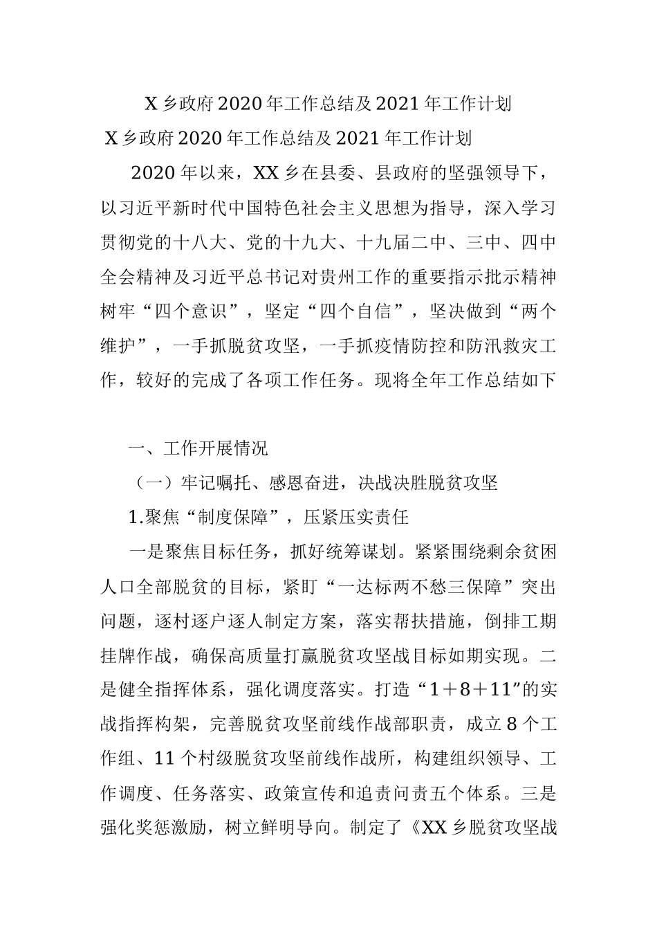 X乡政府2020年工作总结及2021年工作计划.docx_第1页