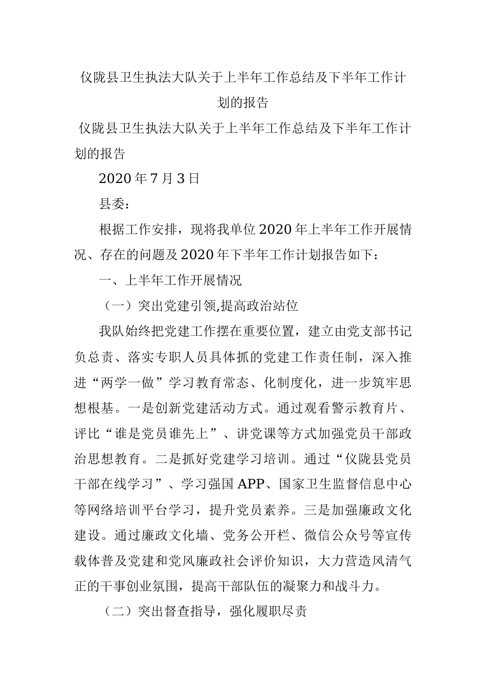 仪陇县卫生执法大队关于上半年工作总结及下半年工作计划的报告.docx_第1页