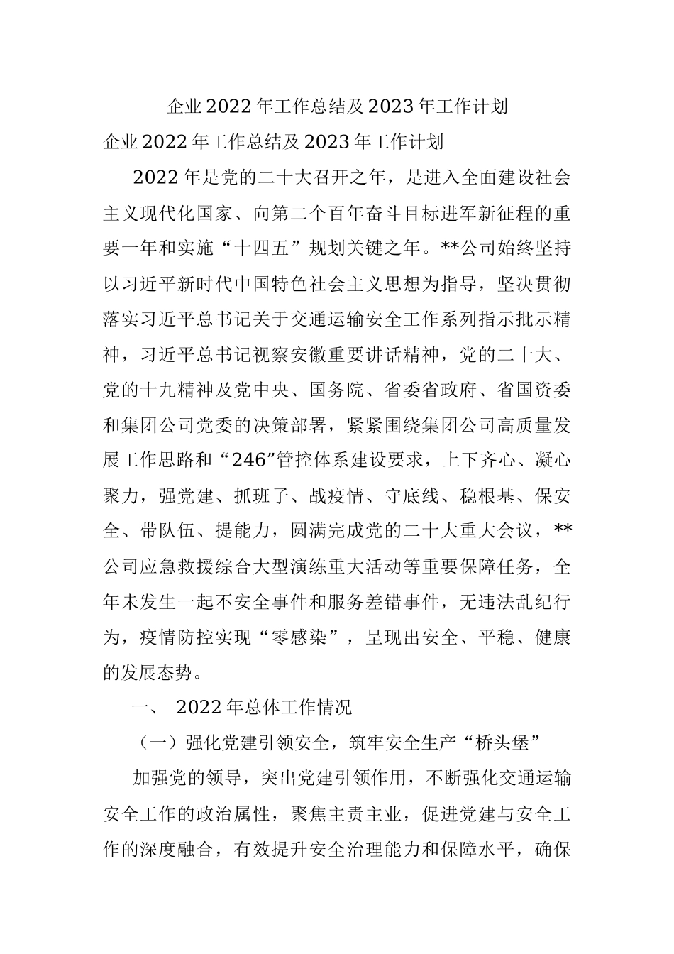 企业2022年工作总结及2023年工作计划_1.docx_第1页