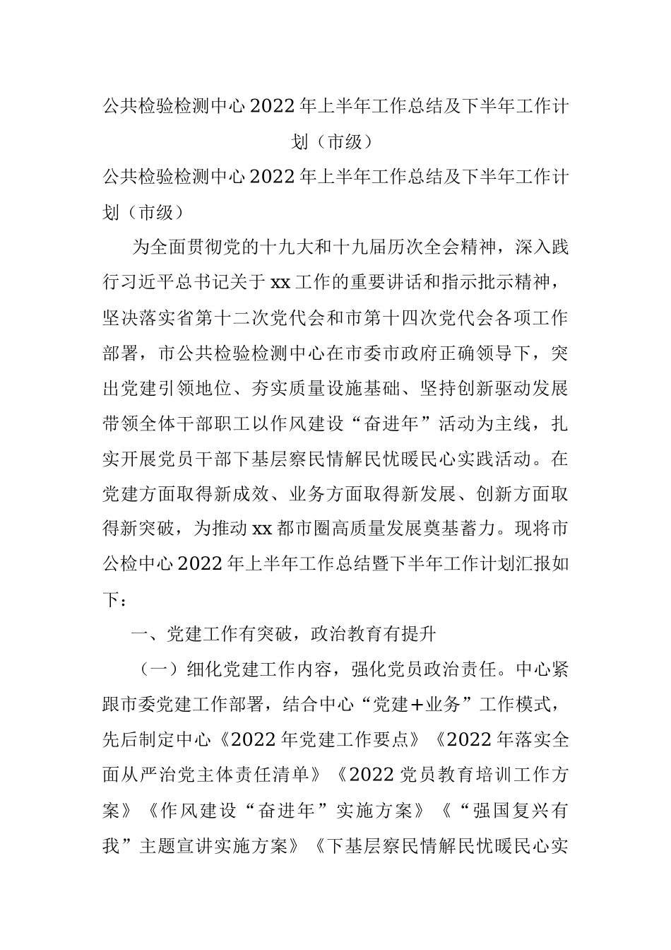 公共检验检测中心2022年上半年工作总结及下半年工作计划（市级）.docx_第1页