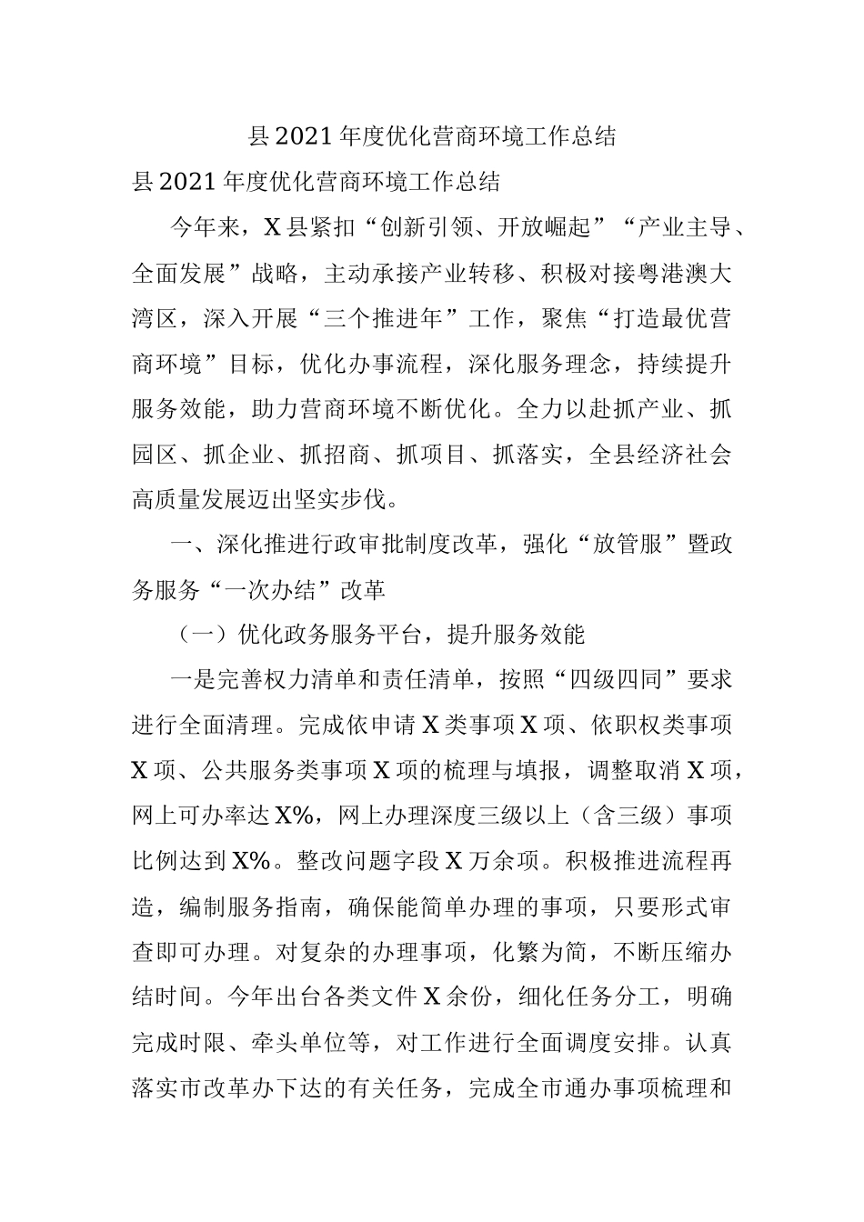 县2021年度优化营商环境工作总结.docx_第1页