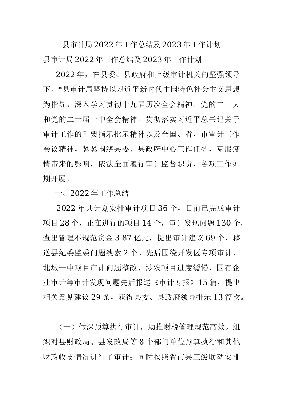 县审计局2022年工作总结及2023年工作计划.docx_第1页