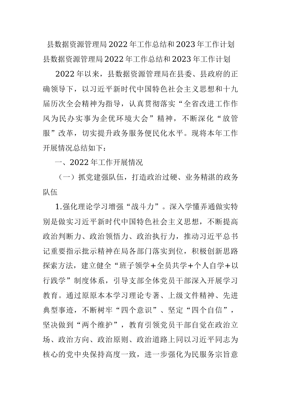县数据资源管理局2022年工作总结和2023年工作计划.docx_第1页
