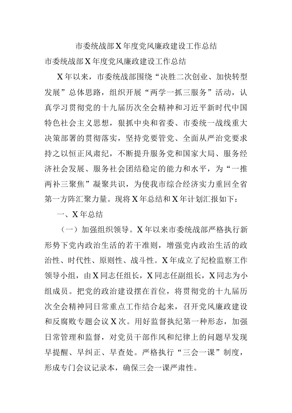 市委统战部X年度党风廉政建设工作总结.docx_第1页