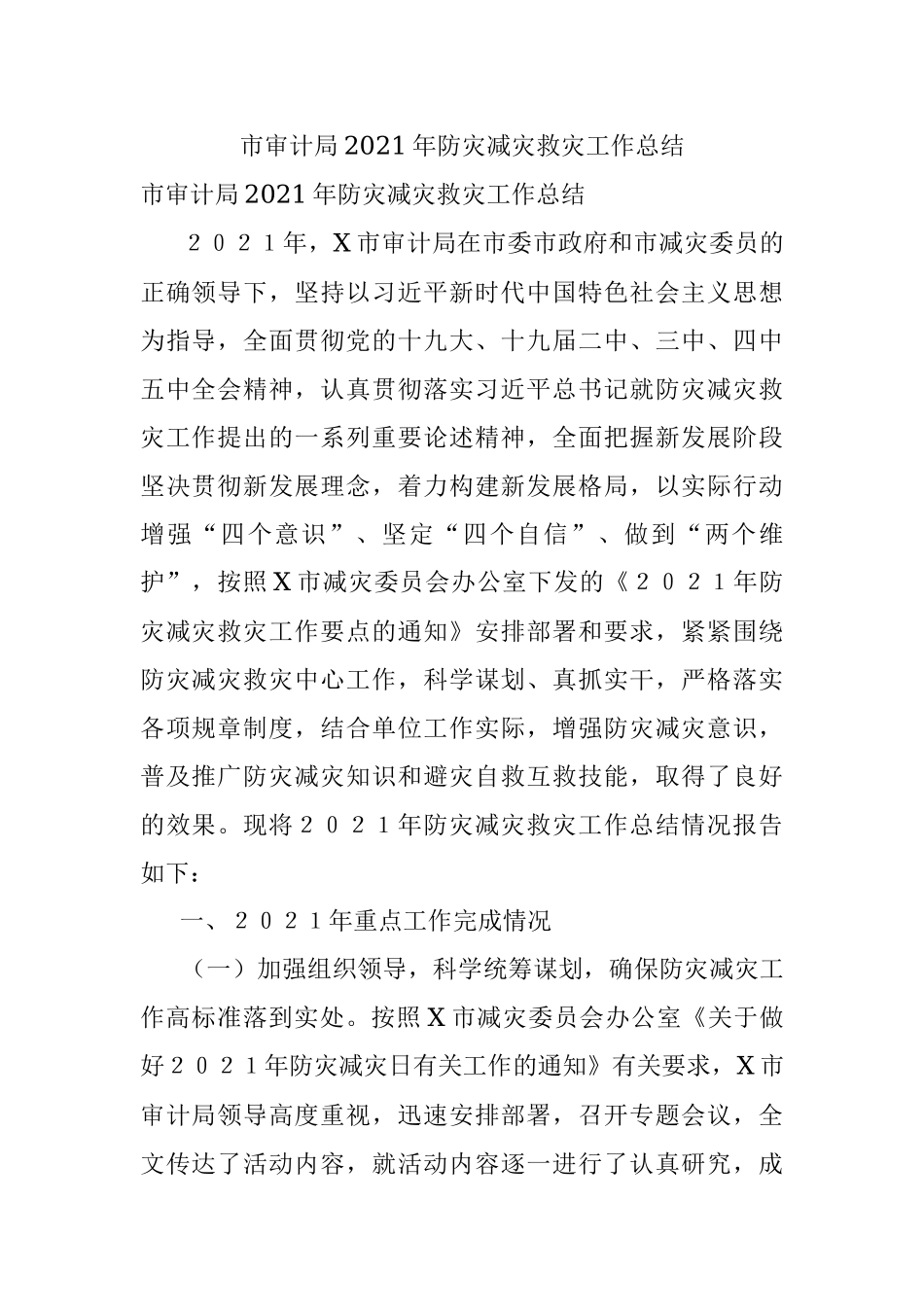 市审计局2021年防灾减灾救灾工作总结.docx_第1页