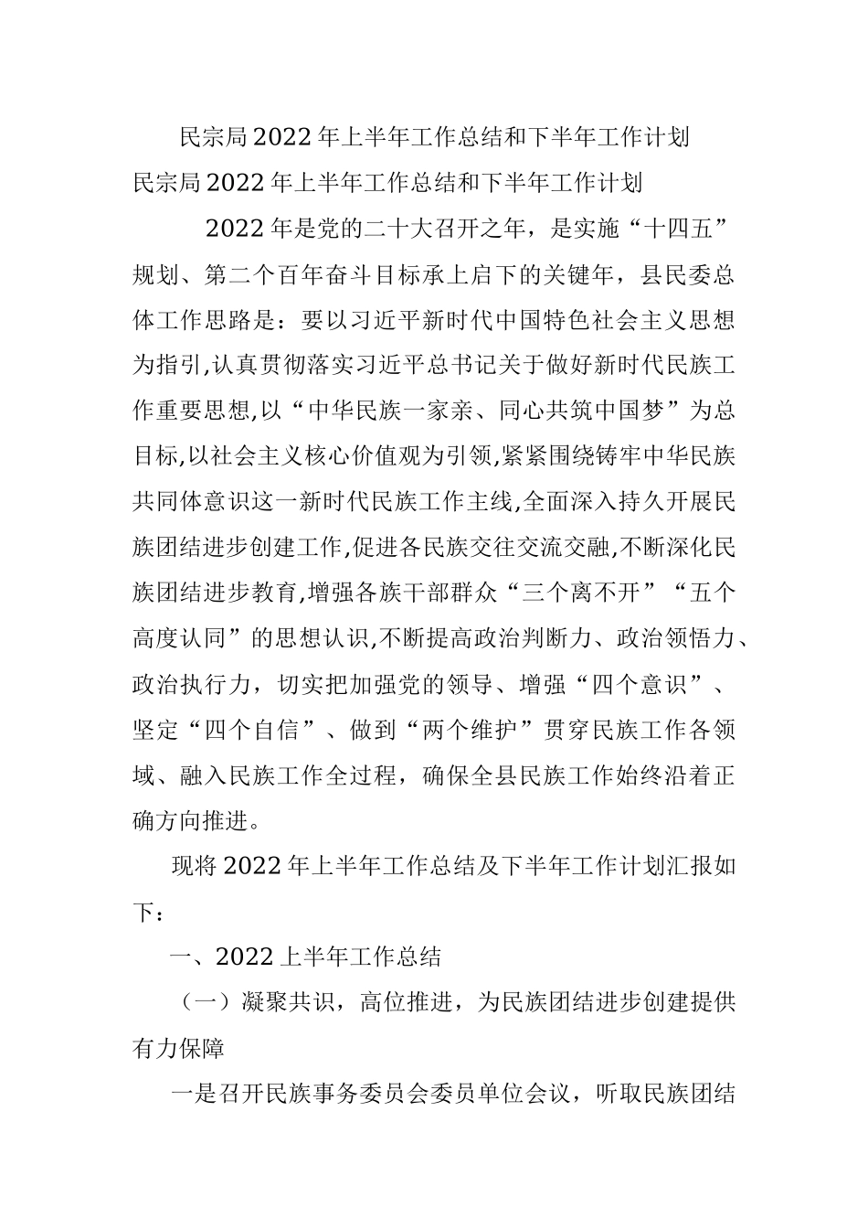 民宗局2022年上半年工作总结和下半年工作计划.docx_第1页
