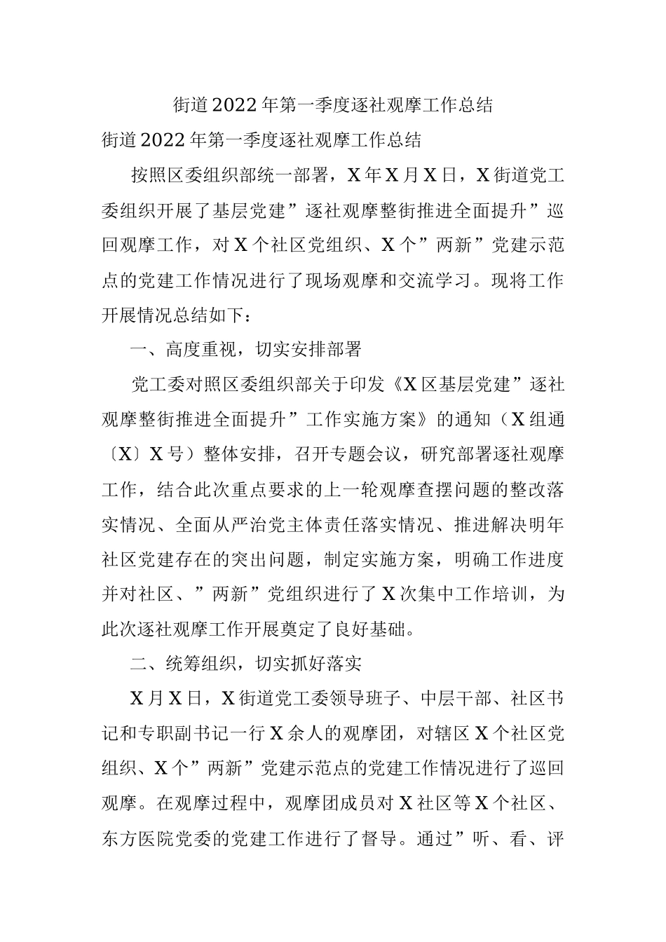 街道2022年第一季度逐社观摩工作总结.docx_第1页