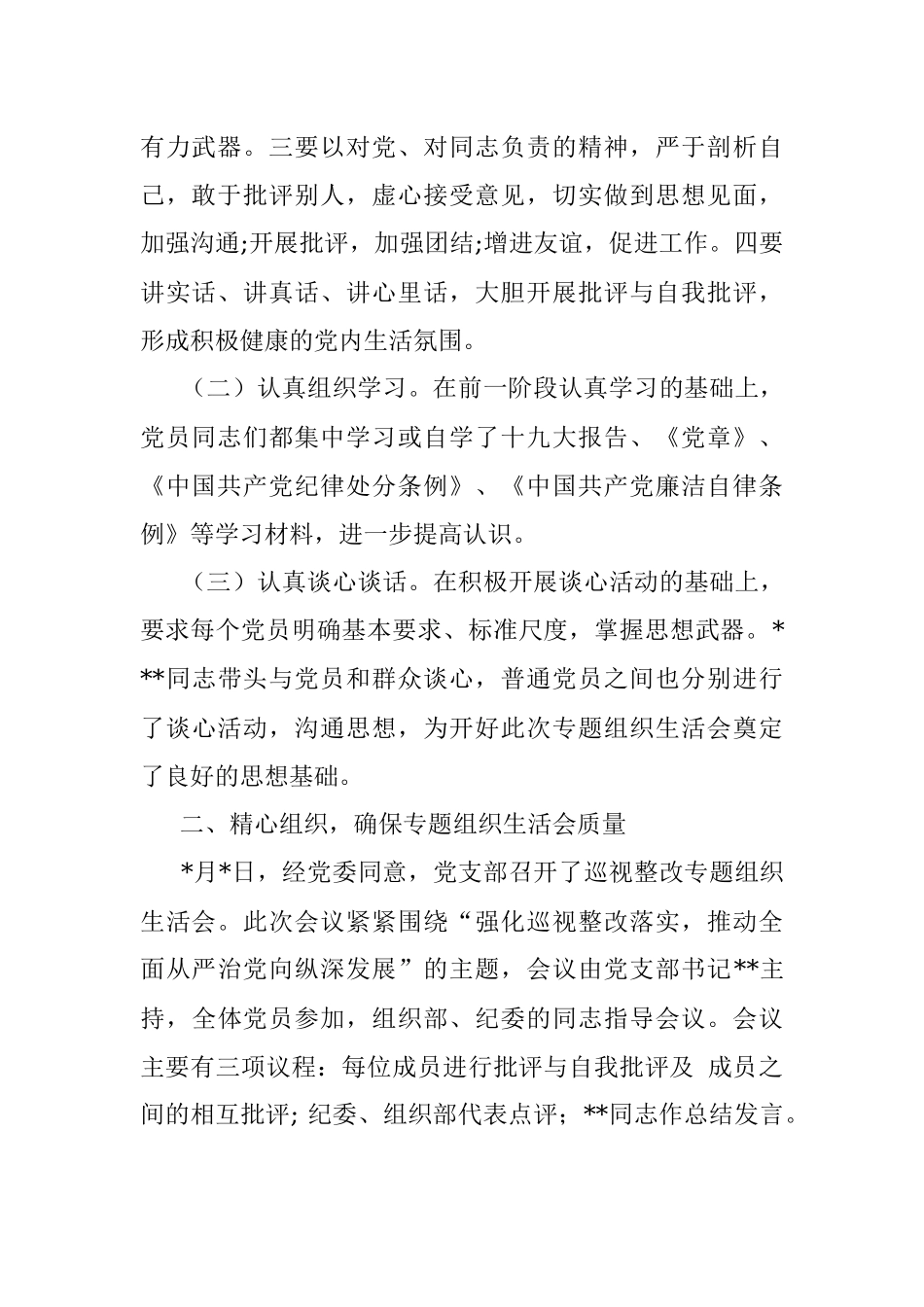 2017年党支部巡视整改专题组织生活会工作总结范文.docx_第2页