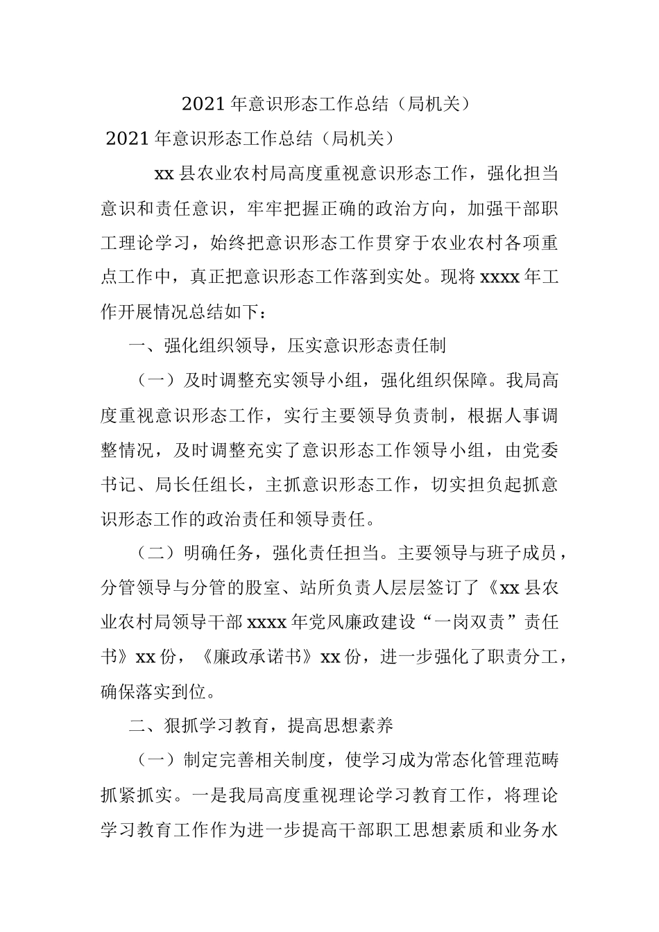 2021年意识形态工作总结（局机关）.docx_第1页