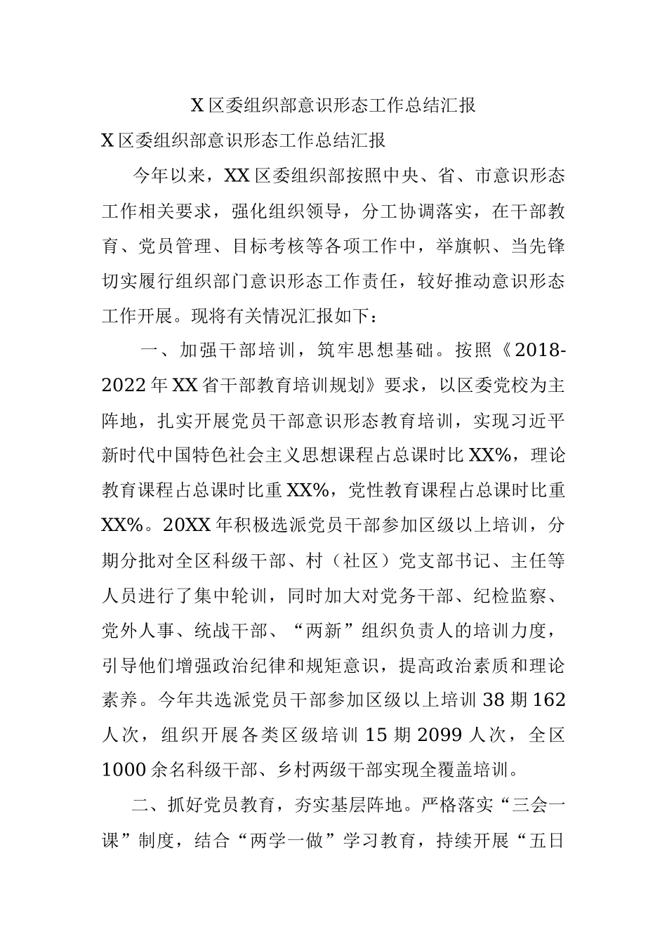 X区委组织部意识形态工作总结汇报.docx_第1页