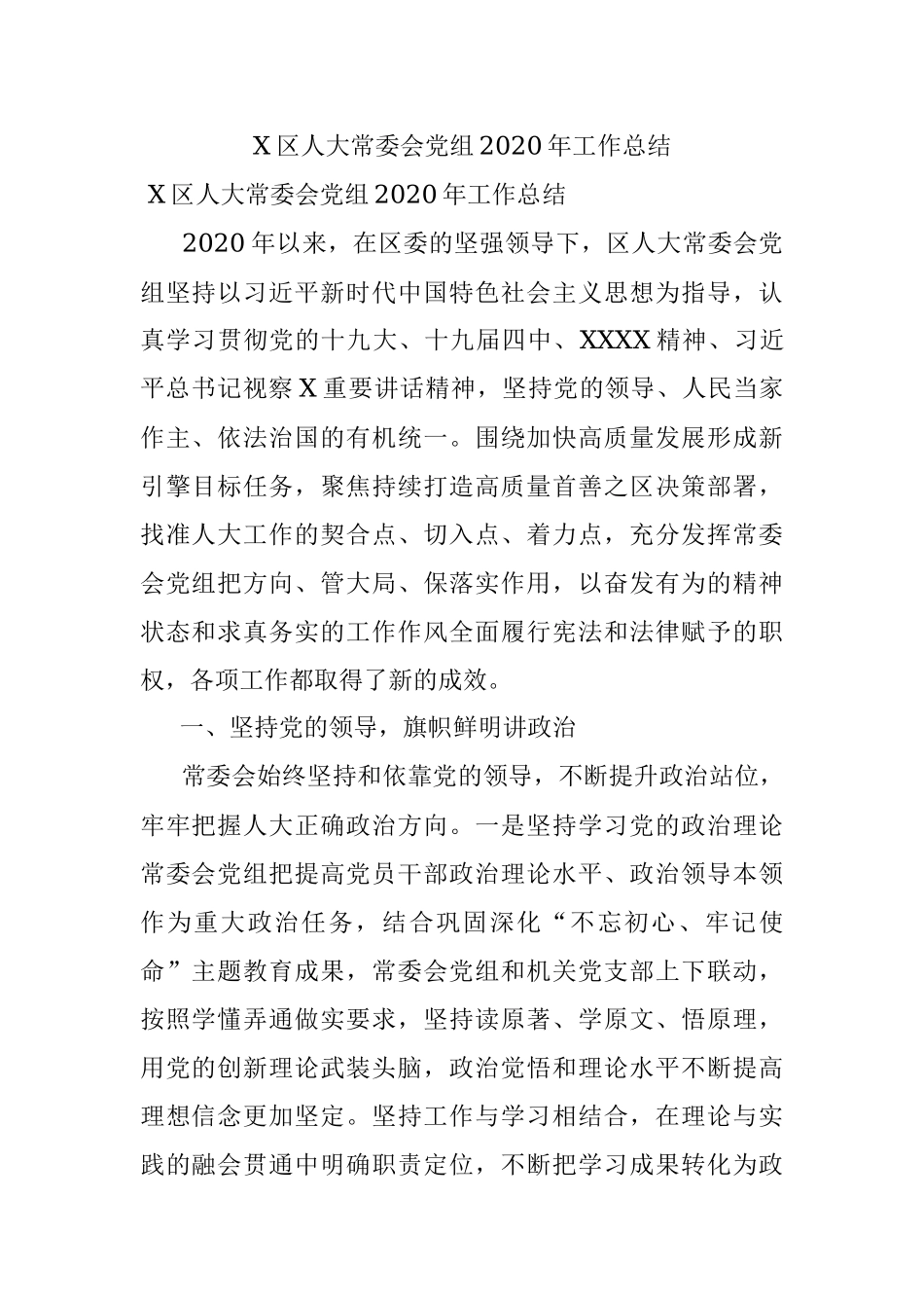 X区人大常委会党组2020年工作总结.docx_第1页