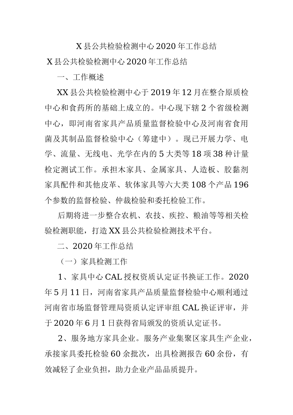 X县公共检验检测中心2020年工作总结.docx_第1页