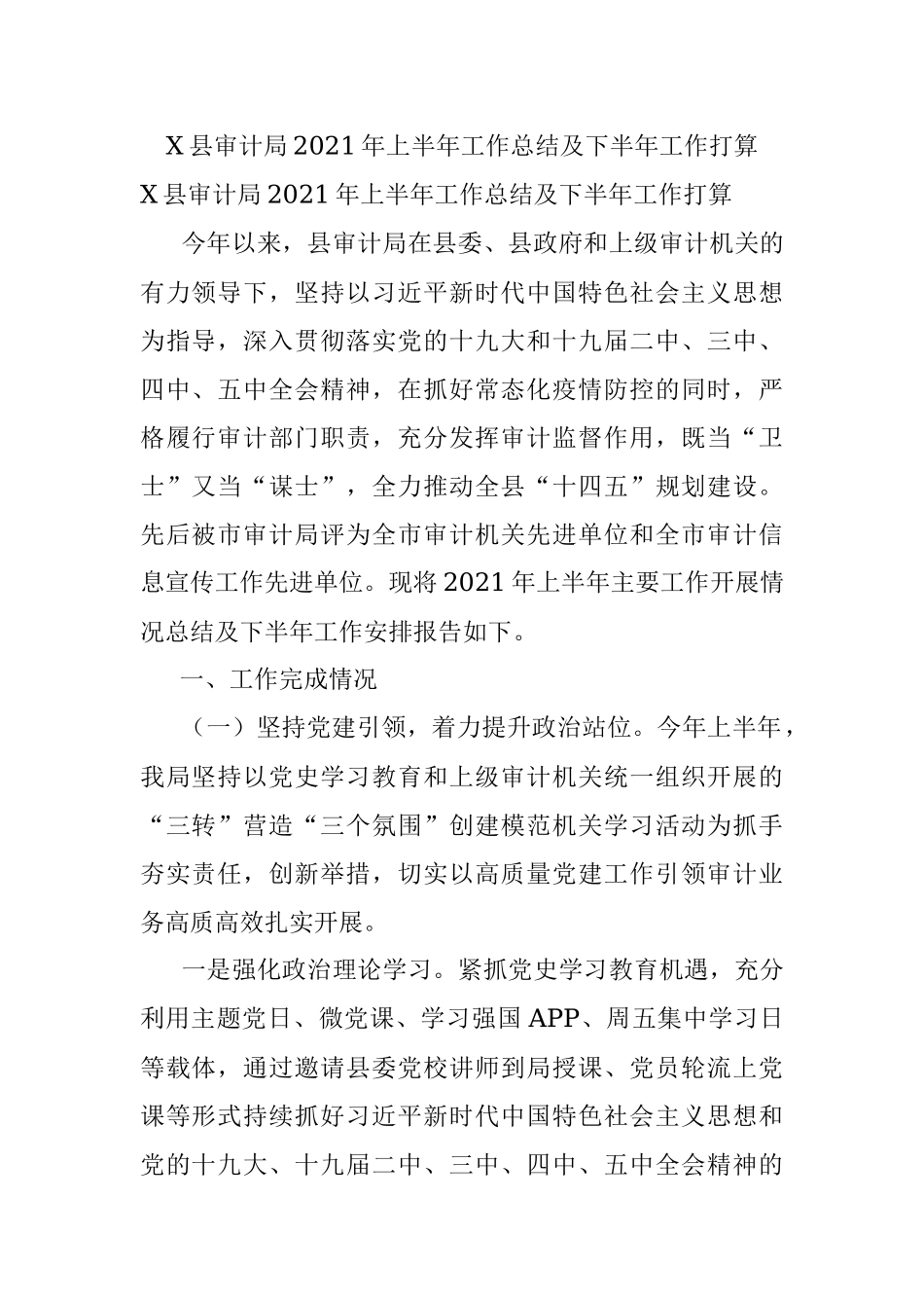 X县审计局2021年上半年工作总结及下半年工作打算.docx_第1页